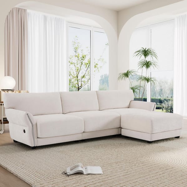 110 in. W Chenille Modular Sectional Sofa in. White with Extra-Wide Seat Cushion, USB and Type-C Charger