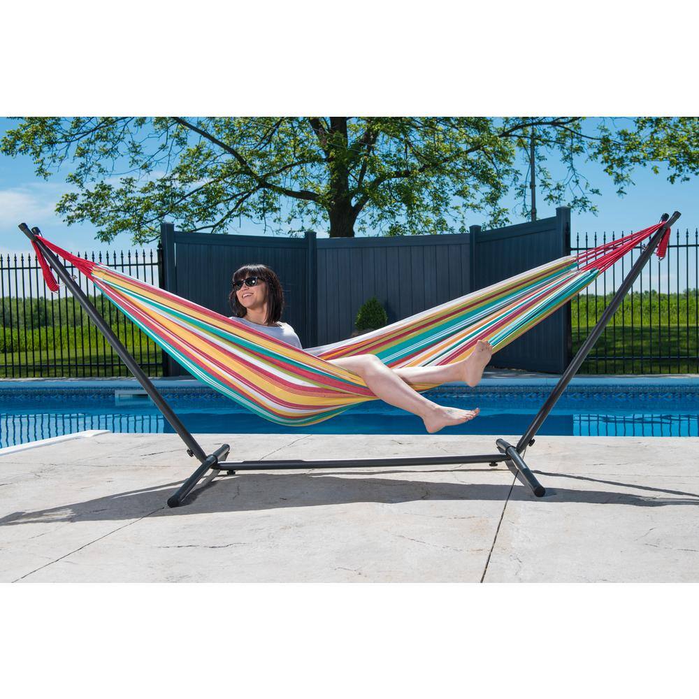Colorful Striped Cotton Hammock Bed with Black Metal Stand