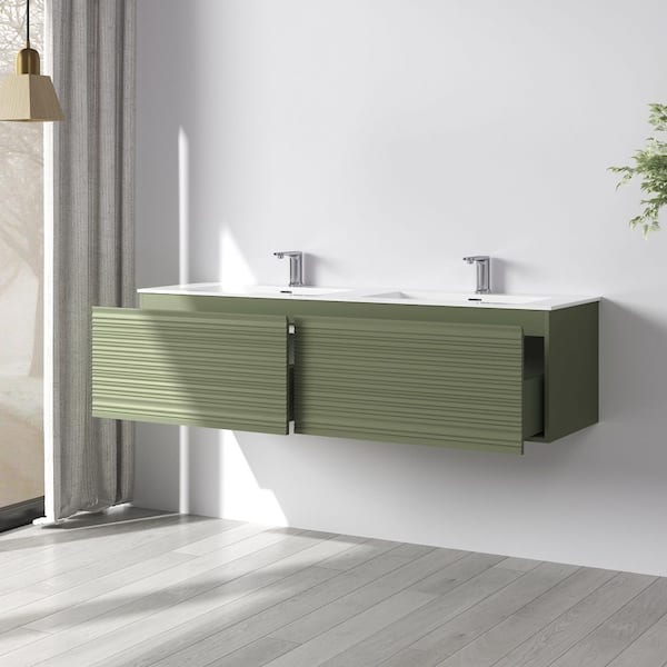 60 in. W x 18 in. D x 16 in. H Double Sink Wall Mounted Floating PVC Bath Vanity in Green with White Solid Surface Top