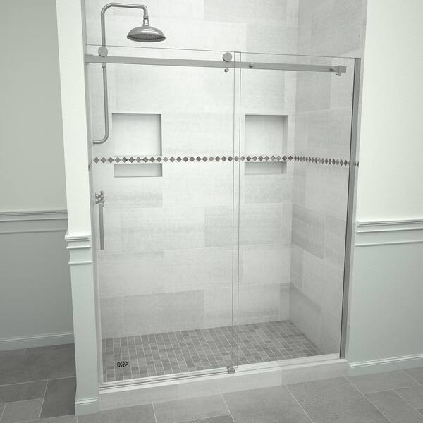 Tile Redi Redi Slide 5300 59 in. W x 76 in. H Semi-Frameless Sliding Shower Door in Brushed Nickel with Handle