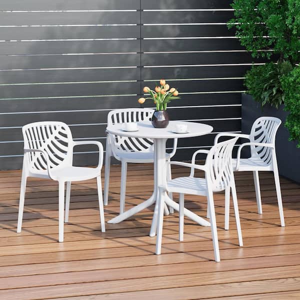 Frond and Form Modern Outdoor Patio Poly Plastic 5-Piece Round Table Dining Set w/ 4-Stackable Chairs in White