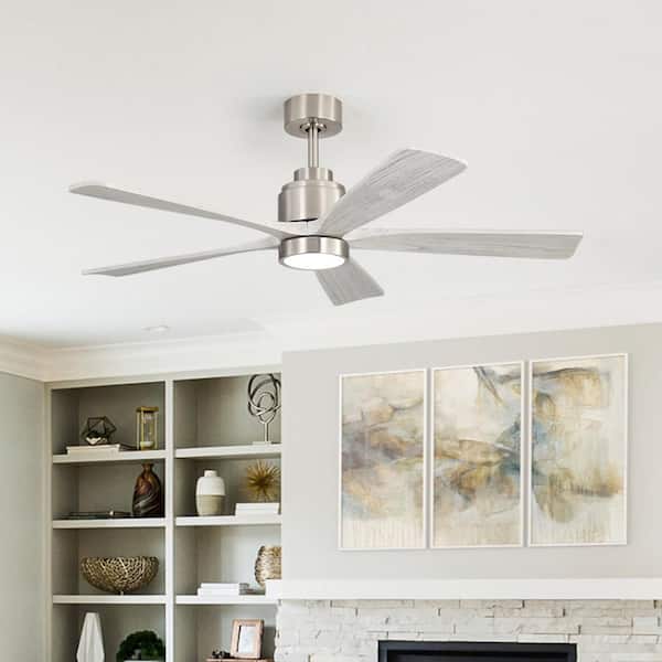 52 in. Indoor Brushed Nickel 6-Speeds Gray Downrod Mount Standard Ceiling Fan with 3-Colors Dimmable LED Light