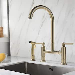 Two Handle Standard Kitchen Faucet with Side Sprayer in Brushed Gold
