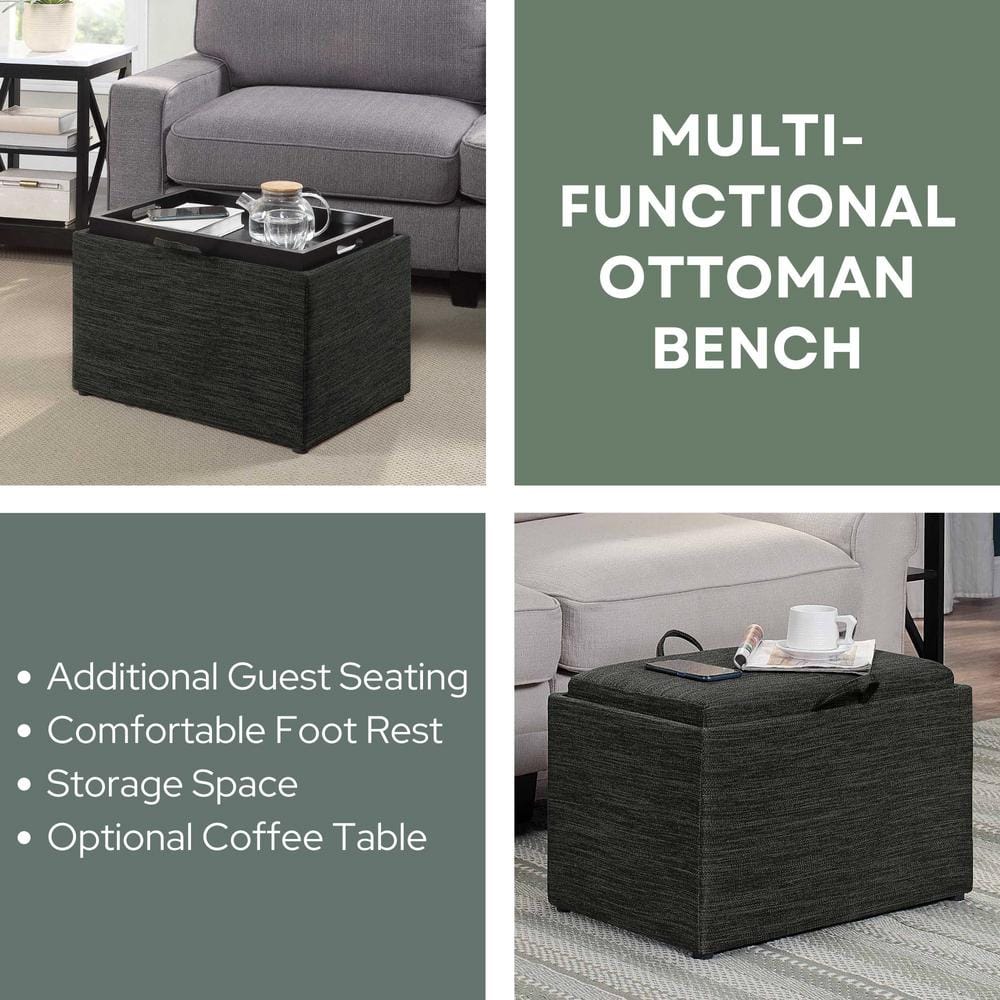 Modern Dark Charcoal Gray Fabric Storage Ottoman with Reversible Tray, 23"