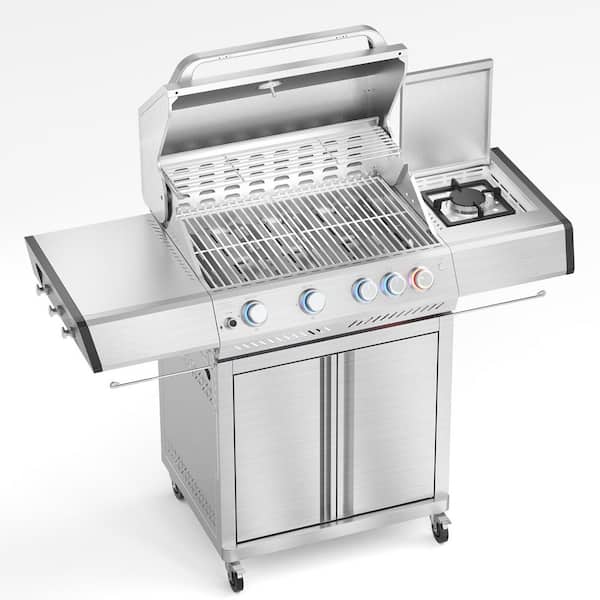 4-Burner Stainless Steel Propane Gas Grill in Silver with Side Burner