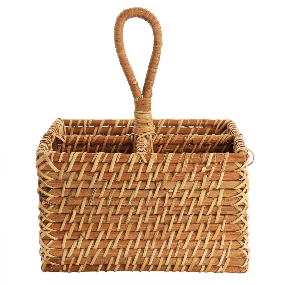Brown Rattan Woven 4-Section Flatware Caddy with Handle
