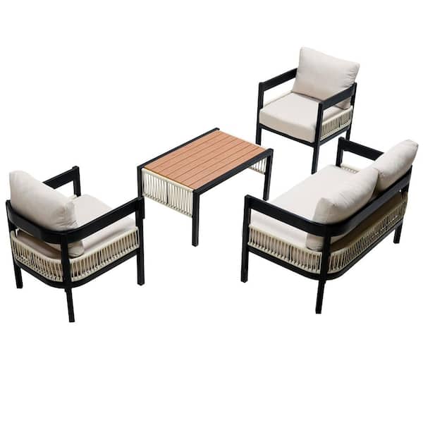 Beige 4-Piece Outdoor Iron Sofa Set with a Table, Rattan Decoration, Waterproof, Rust-Proof, Suitable for Garden