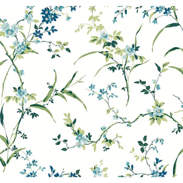 York Wallcoverings White and Blue Blossom Branches Paper Non-Pasted Matte Wallpaper