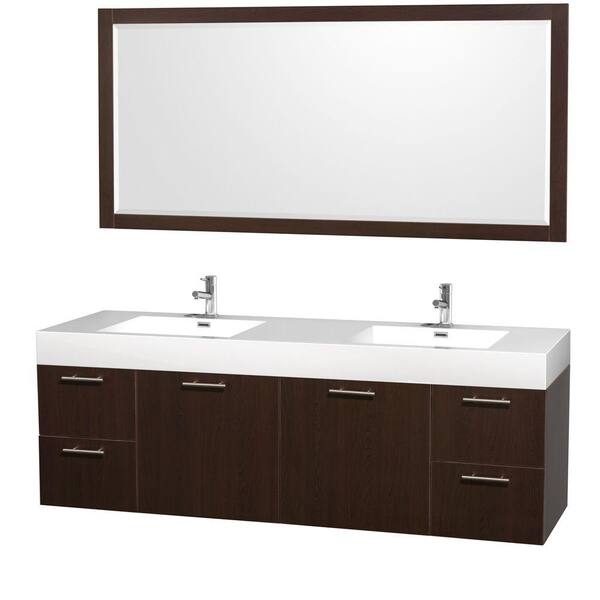 Wyndham Collection Amare 72 in. Double Vanity in Espresso with Acrylic-Resin Vanity Top in White and Integrated Sink