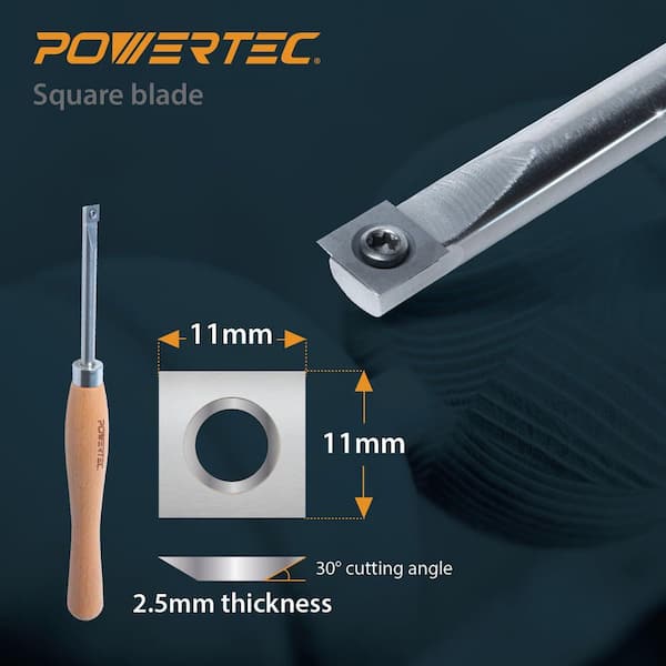 POWERTEC 3 Pcs Carbide Lathe Tools For Woodturning Wood Lathe Tools With Flat Edge Square Round And Diamond T15 Star Key Wrench Lathe Tools With Replaceable Blade 71825 - View #9