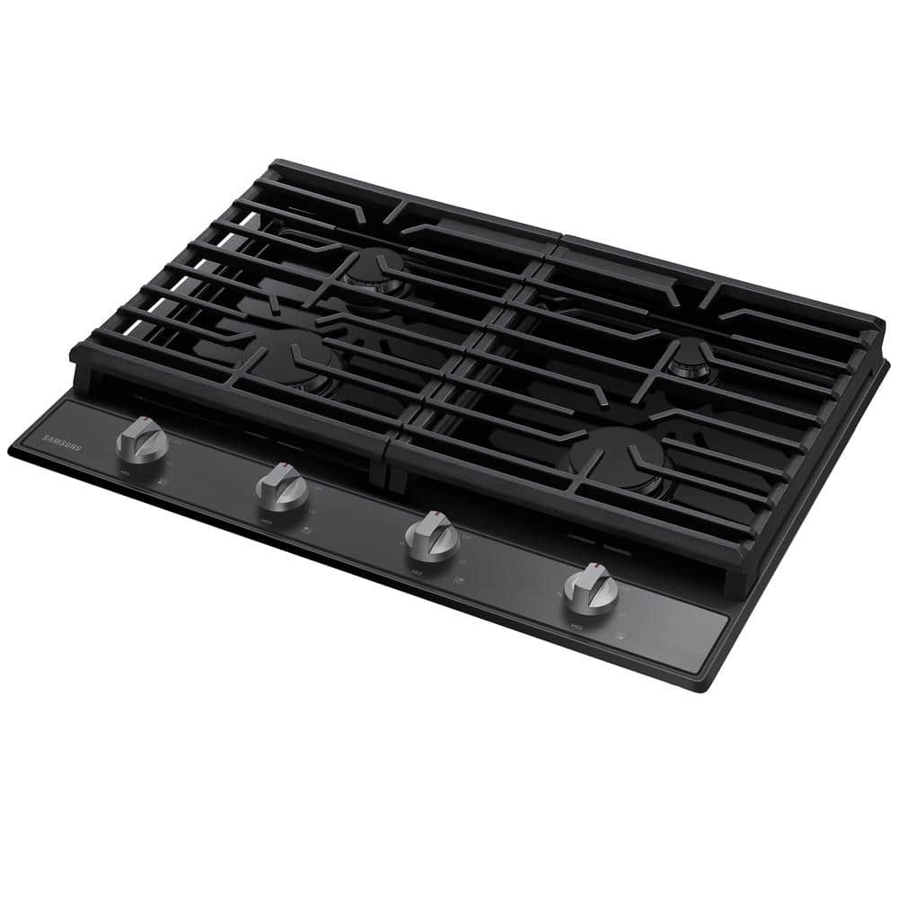 30" Black Stainless Steel 4-Burner Gas Cooktop with Cast Iron Grates