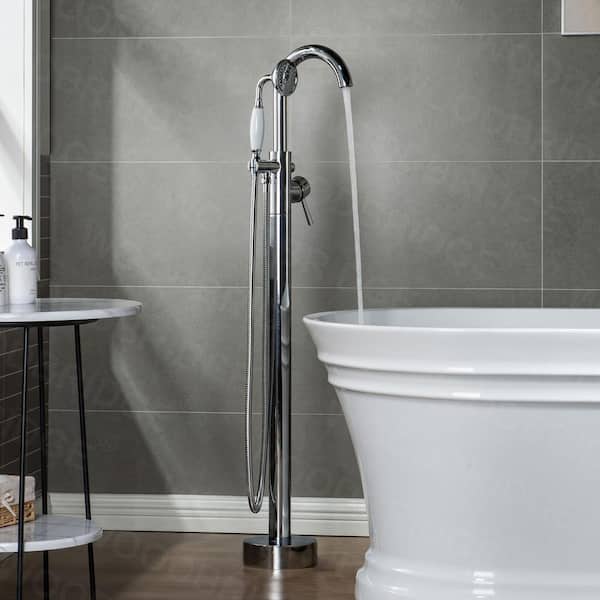 Senlesen Bathroom Single Handle Freestanding Bathtub Faucet Floor Mounted  Waterfall Tub Filler with Hand Shower Set Brushed Nickel Finished
