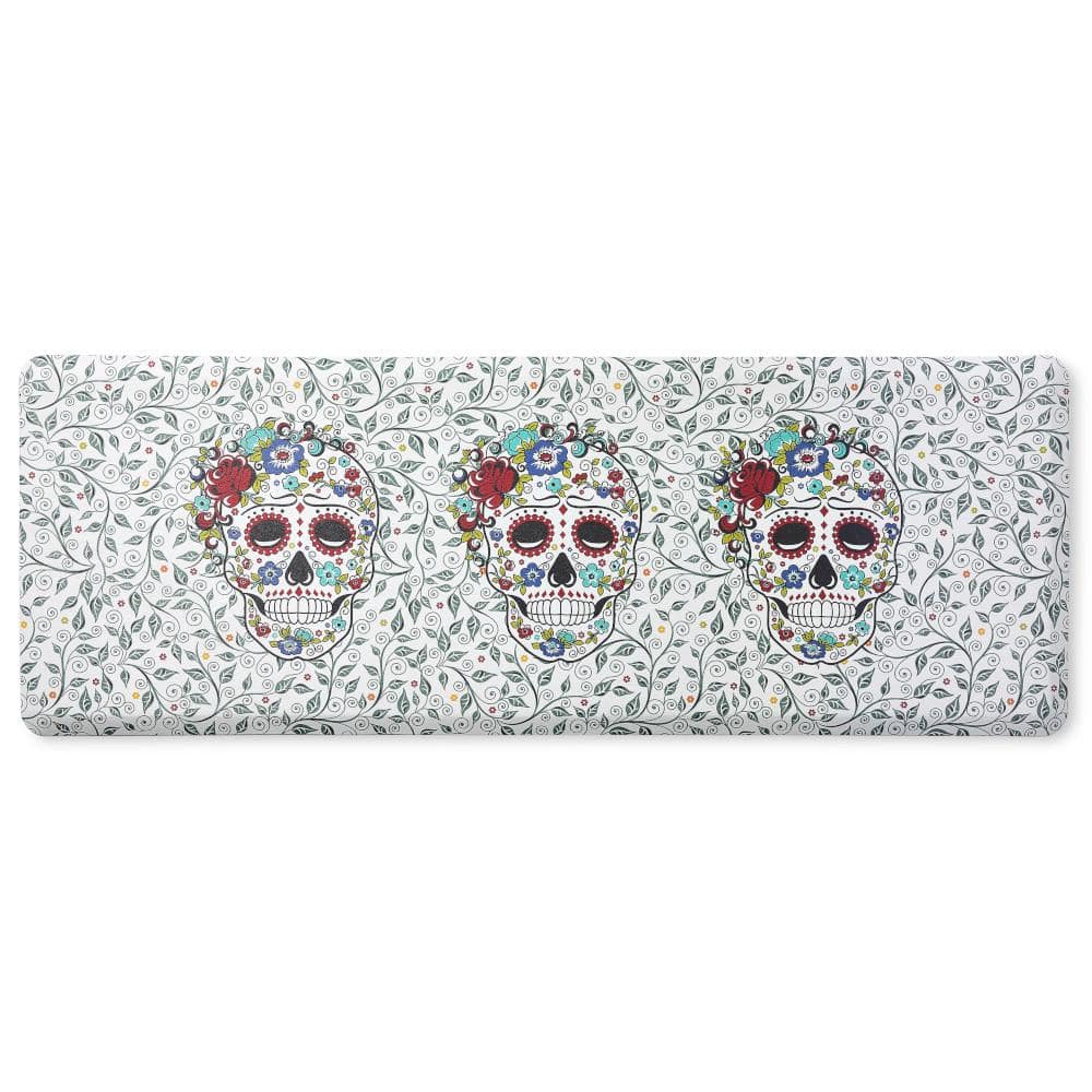 Fiesta 20 in. x 55 in. White and Black Skull & Vine Floral Sugar Skull Anti Fatigue Indoor Kitchen Mat