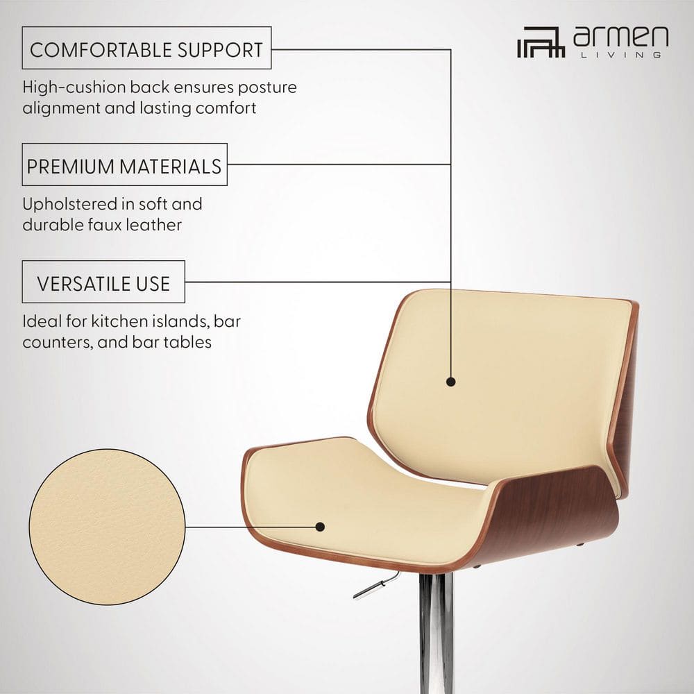 Cream Faux Leather Adjustable Swivel Bar Stool with Walnut and Chrome