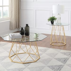 Mysen 36 in. Gold Powder Coating Octagon Glass Top Coffee Table
