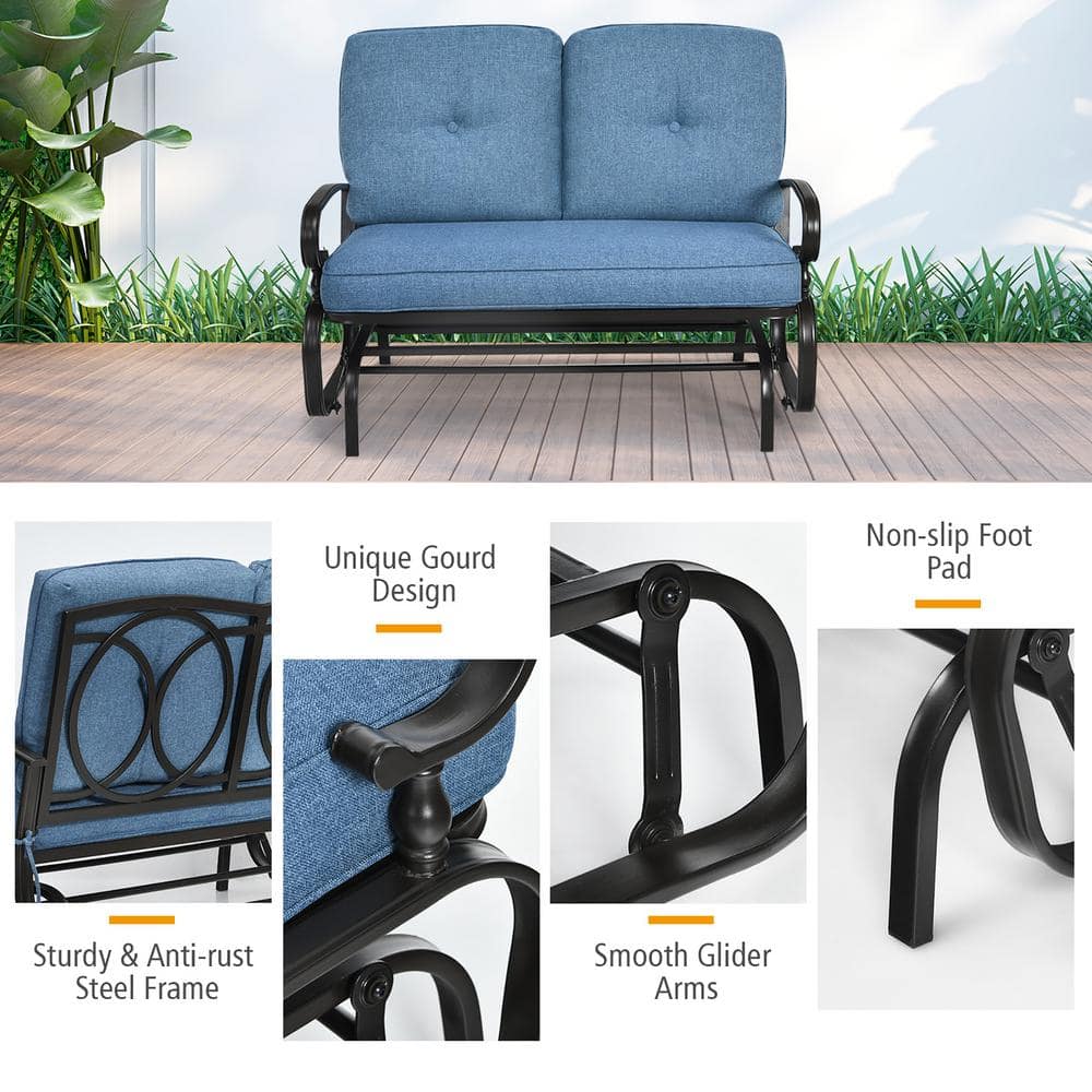 Navy Blue Cushioned Steel Frame 2-Person Outdoor Glider Bench