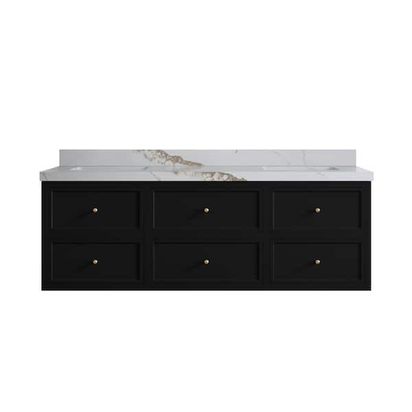 Willow Collections Roswell 72 in. Double Sink Freestanding Black Bath Vanity with Calacatta Gold Qt. Top Unassembled