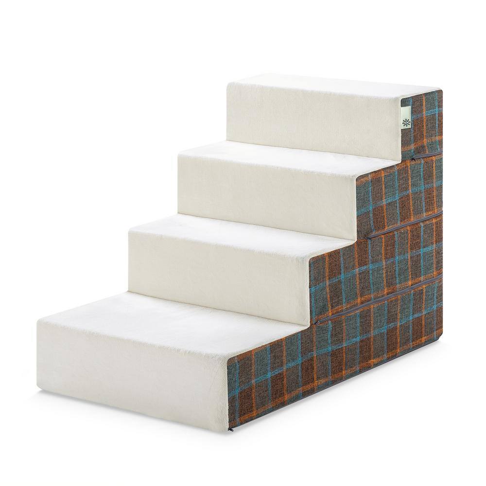 Zinus 24 in. XLarge Foam Blue Plaid 4 of Steps Pet Stairs PSH3624BP
