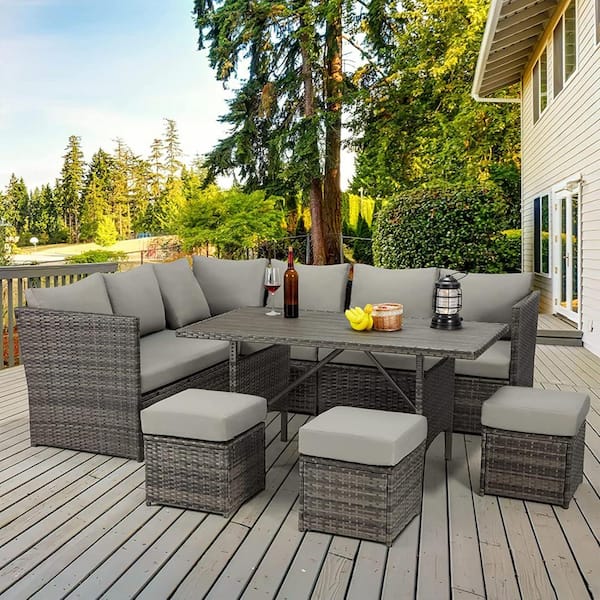 54 in. Outdoor Gray Rattan Dining Table with Wicker Metal Frame