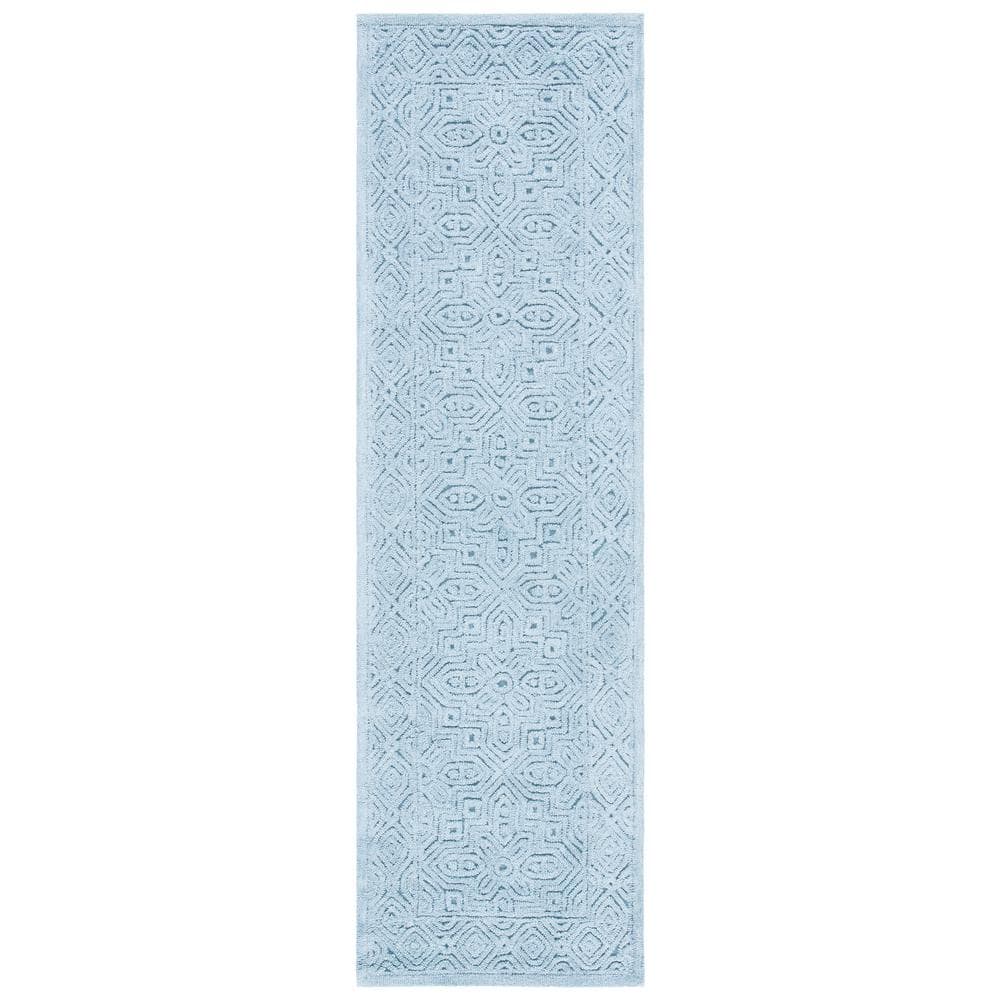 Hand-Tufted Geometric Blue Wool Runner Rug - 27in x 8in