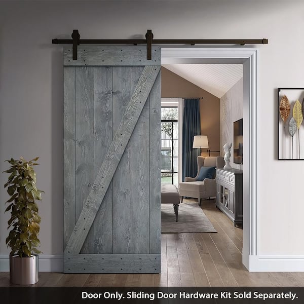 38 in. x 84 in. Z Series Gray DIY Knotty Pine Wood Interior Sliding Barn Door with Hardware Kit