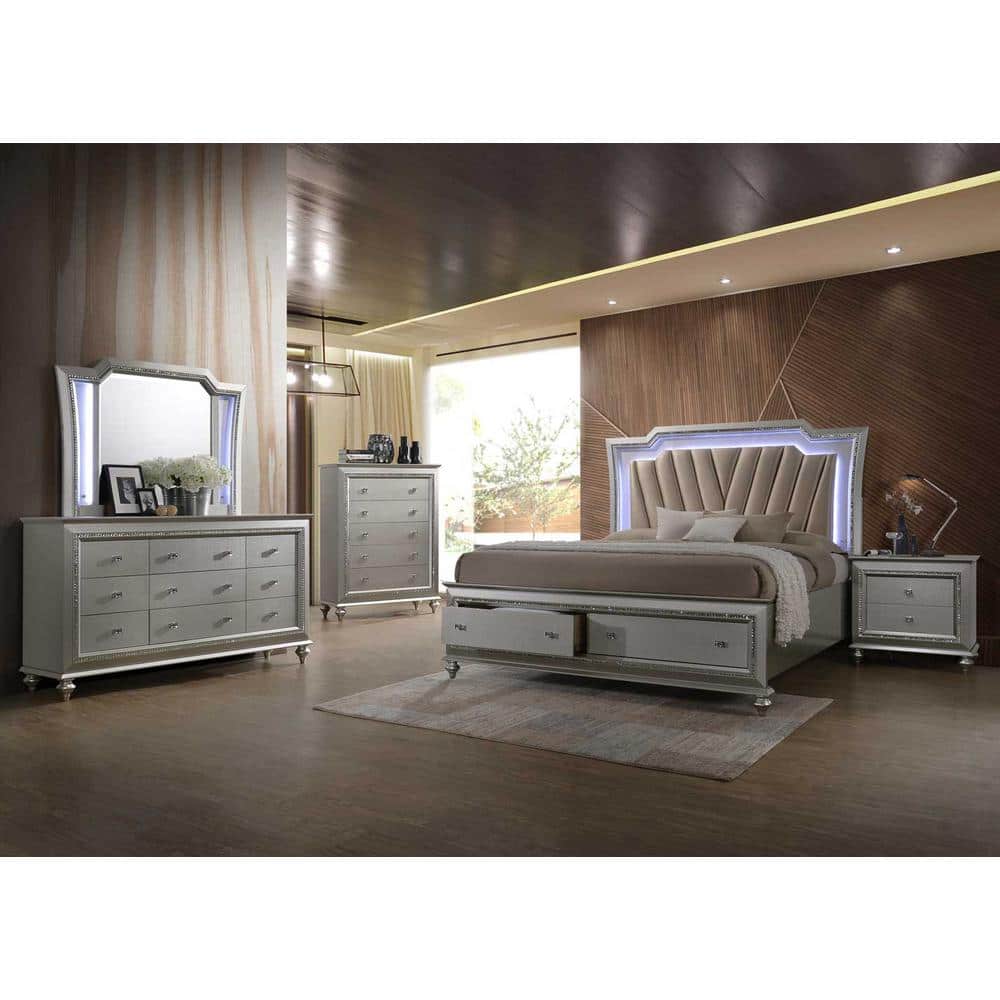 Queen Champagne Faux Leather Upholstered Storage Bed with LED Headboard