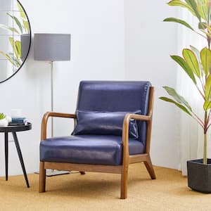30.00 in. H Mid-Century Modern Navy-Blue Leatherette Accent Armchair with Walnut Ruber Wood Frame