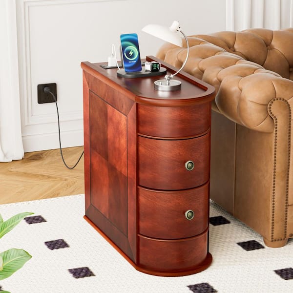 Solid Wood End Table with Charging Station,Narrow Side Table with USB Ports and Outlets,Slim Chair Side Table