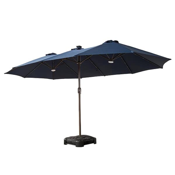 15 ft. x 9 ft. Rectangular Metal Solar LED Double-sided Market Patio Umbrella with Base and Crank in Dark Blue