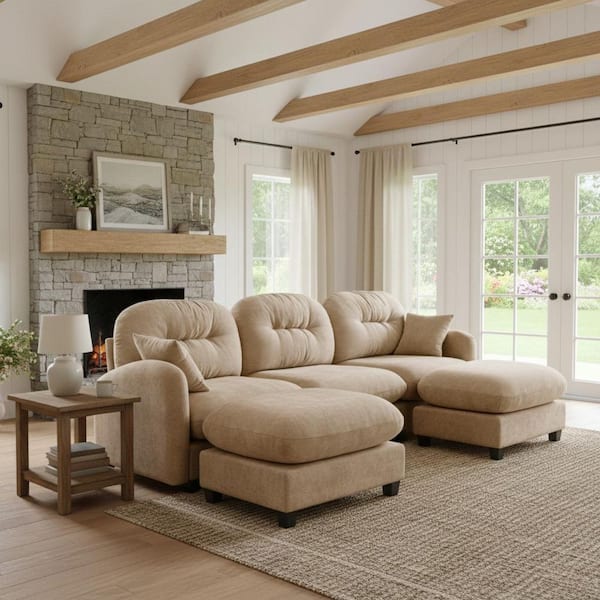 PMOB 107 in. Round Arm 5-piece Chenille Modular Tufted Backrest with 2 Ottomans Sectional Sofa in Walnut Brown