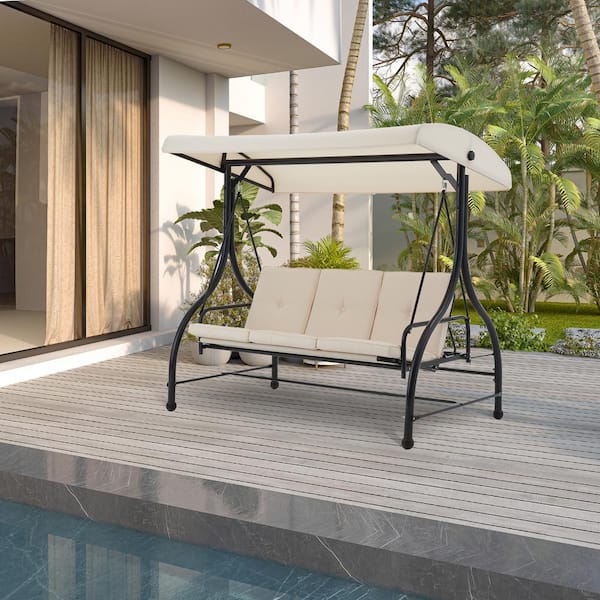 3-Person Beige Metal Patio Porch Swing Chair Yard Rocker with Removable Cushion and Convertible Canopy