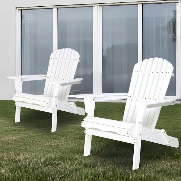 WELLFOR White with Wood Grain Folding Solid Cedar Wood Adirondack Chair (Set of 2)