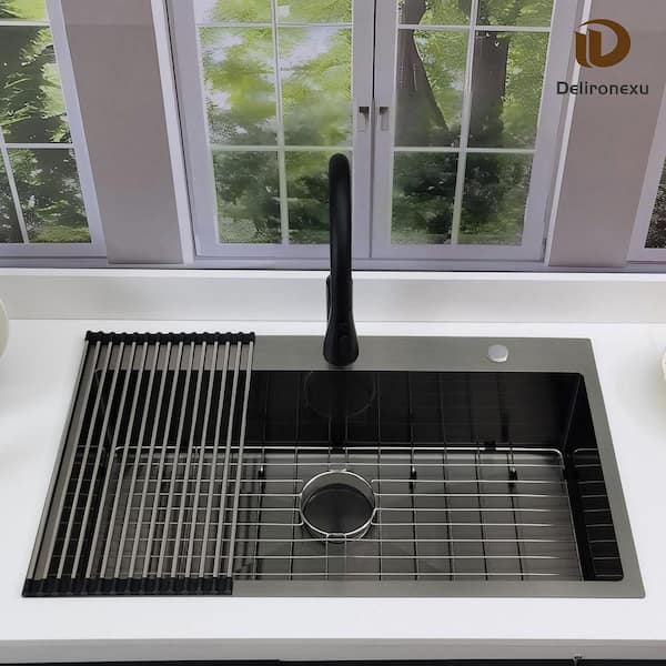 nekorin　S Delironexu 33 Inch Drop In Black Kitchen Sink-33x19 Top Mount, 16