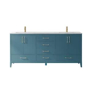 Sutton 72 in. Bath Vanity in Royal Green with Carrara Marble Vanity Top in White with White Basins