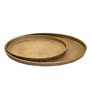 Pebble Stone 24 in. Antique Brass Metal Decorative Tray (Set of 2)