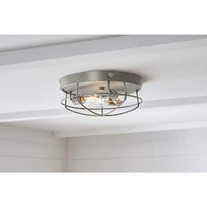 Southbourne 15.75 in. 3-Light Antique Nickel Flush Mount with Open Steel Cage Shade