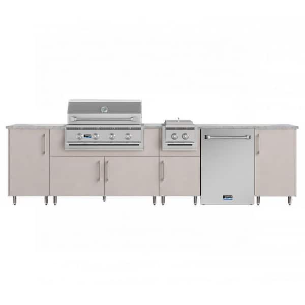 Nightfall 126 in. W 4-Burner Propane Grill Island in Sanibel Shoreline Gray with Fridge and Side Burner