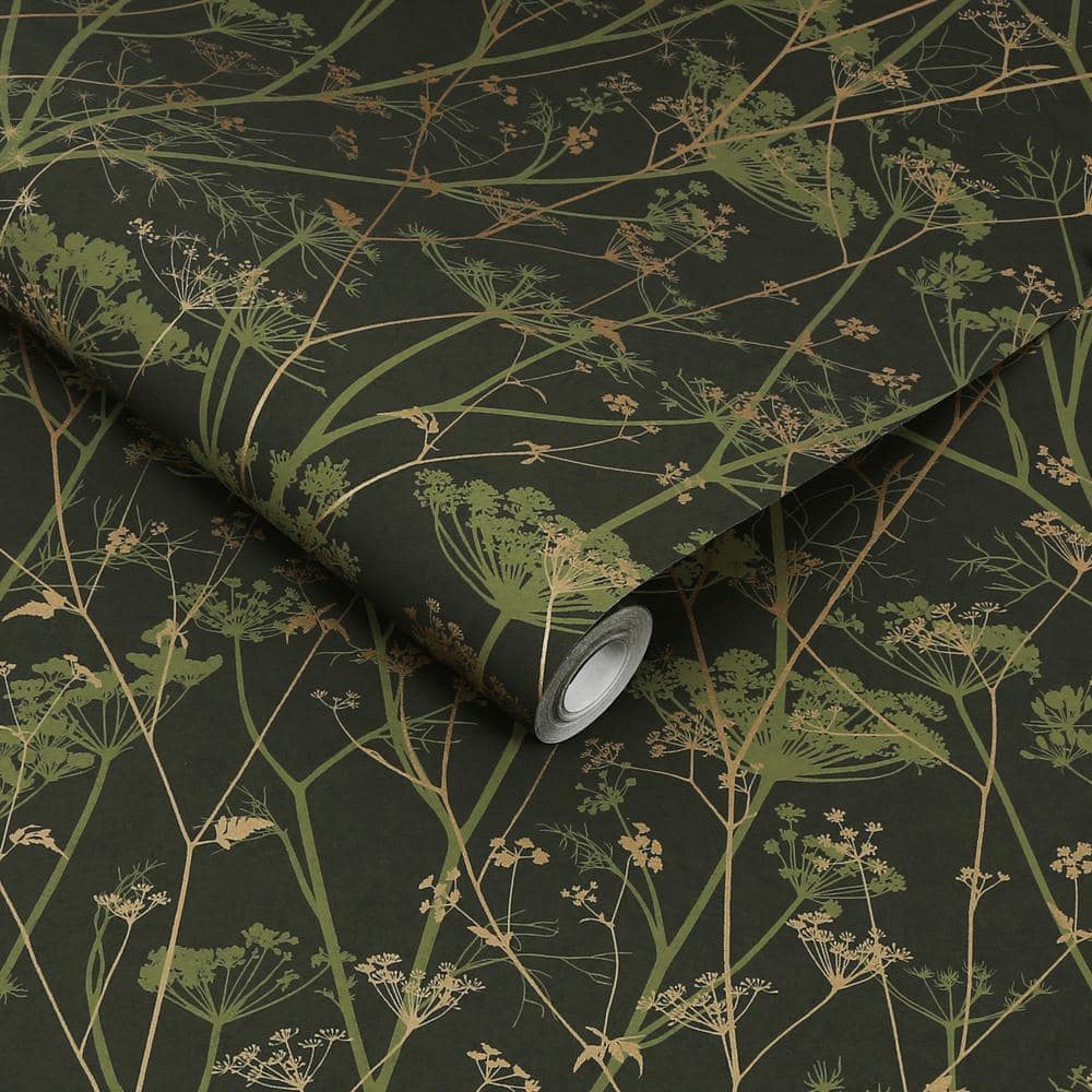 Sage and Gold Wild Chervil Floral Wallpaper Roll