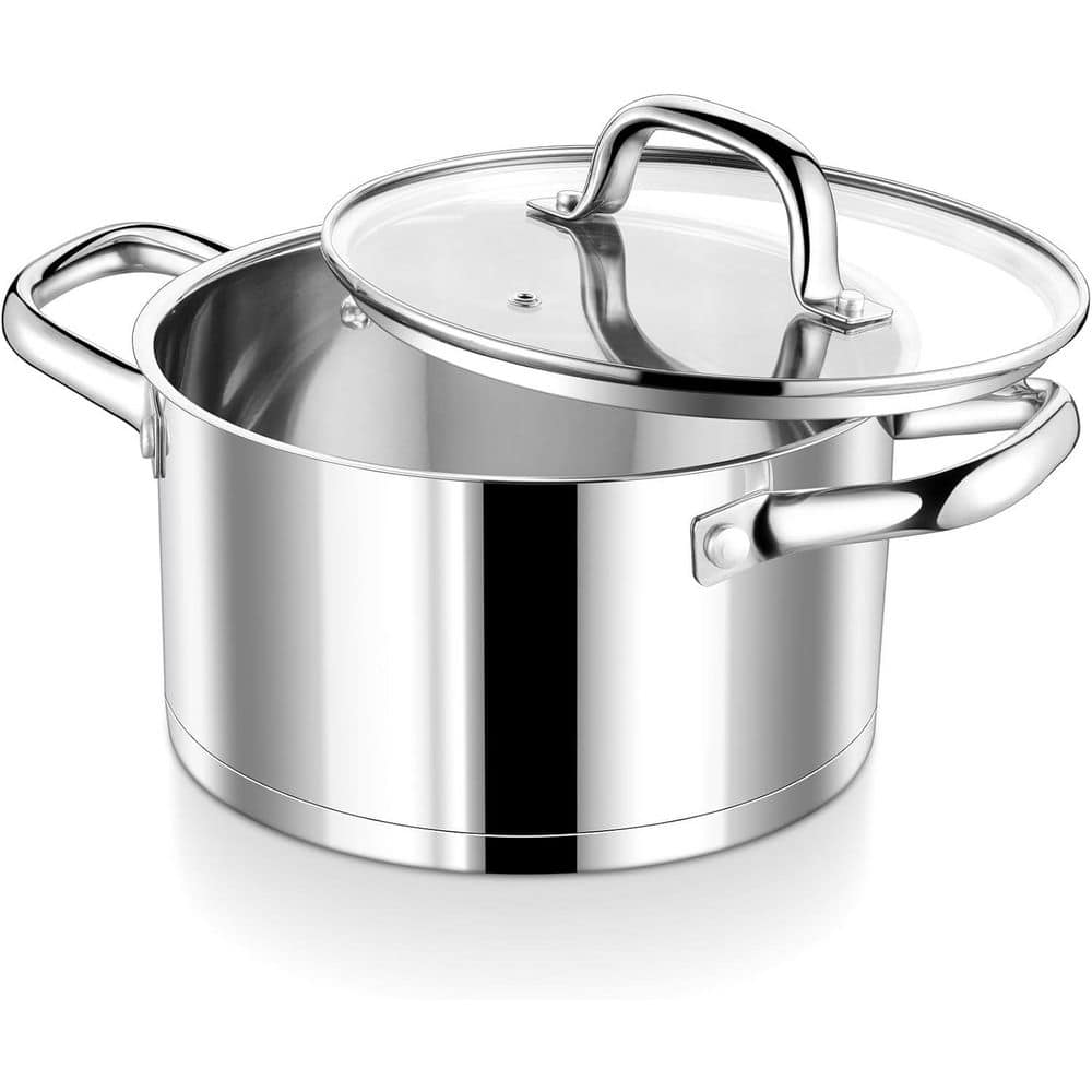 5 Quart Stainless Steel Stock Pot with Glass Lid Tri-Ply Bottom