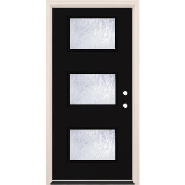 Builders Choice 36 in. x 80 in. Left-Hand/Inswing 3-Lite Rain Glass Onyx Painted Fiberglass Prehung Front Door w/6-9/16 in. Frame