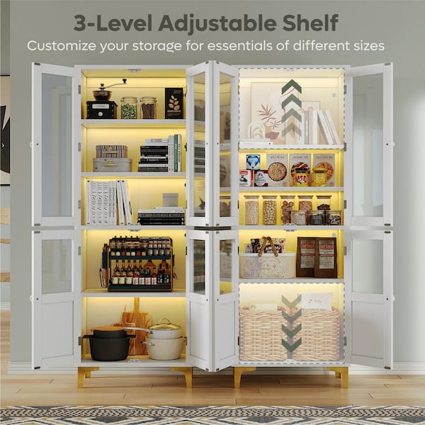 Tall White Engineered Wood 24 in. Kitchen Pantry Cabinet with Adjustable Shelves, Glass Doors and Led Lights