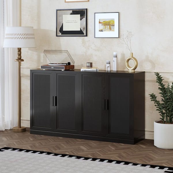 36 in. Tall Black Wood Grain Wood 2-Shelf Standard Bookcase with Rattan Doors, Storage