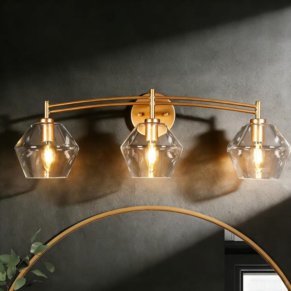 26 in. Satin Gold 3-Light Vanity Light Modern Bathroom Washroom Powder Room Wall Light with Hexagon Clear Glass Shades