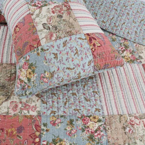 BLUE LONE STAR 3pc Full Queen QUILT SET IVORY COTTON 8 POINT FLORAL FARMHOUSE