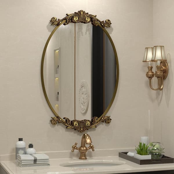 20 in. W x 32 in. H Oval Aluminum Alloy Framed French Cleat Mounted Baroque Wall Decor Bathroom Mirror in Brushed Gold