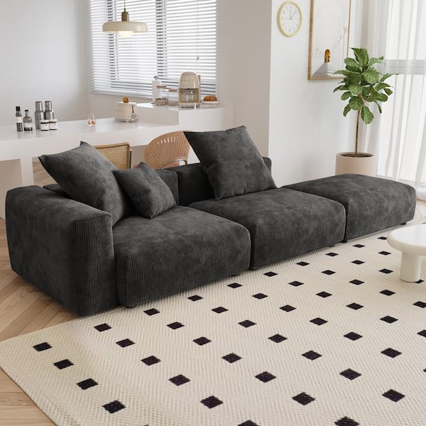 J&E Home 130 in. Square Arm 3-piece Corduroy Modular Oversized Couch Sectional Sofa in. Black with Ottoman