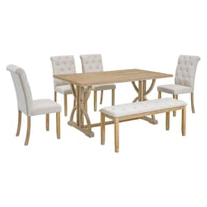 6-Piece Retro Natural Wood Wash Wood Top Dining Room Set Seats 5