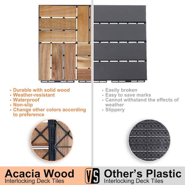 Amucolo 12 in. x 12 in. Checker Pattern Acacia Wood Interlocking Deck Tiles in Yellow for Patio, Pool Side (Set of 20 Tiles)