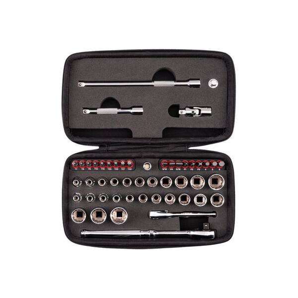 1/4 Inch Drive 12-Point Small Engine Shallow Socket, Bit, and Quick Release Ratchet Set with Case (50-Piece)