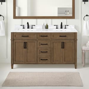 Caville 60 in. W x 22 in. D x 34 in. H Double Sink Bath Vanity in Almond Latte with Carrara Marble Top with Outlet